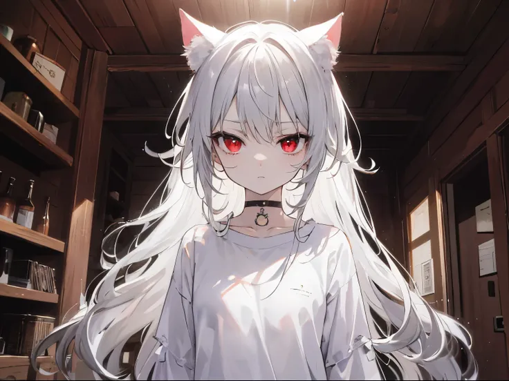 (((expressionless))), (Apprehension, wariness, Cautious Hope), 1 girl, upper body, (loli:1.3), (red eyes, turime, cat ears), ((messy hair)), (long hair, straight hair, gray hair), (small breast), (((oversize white shirt))), ((bottomless)), (choker), ((medi...