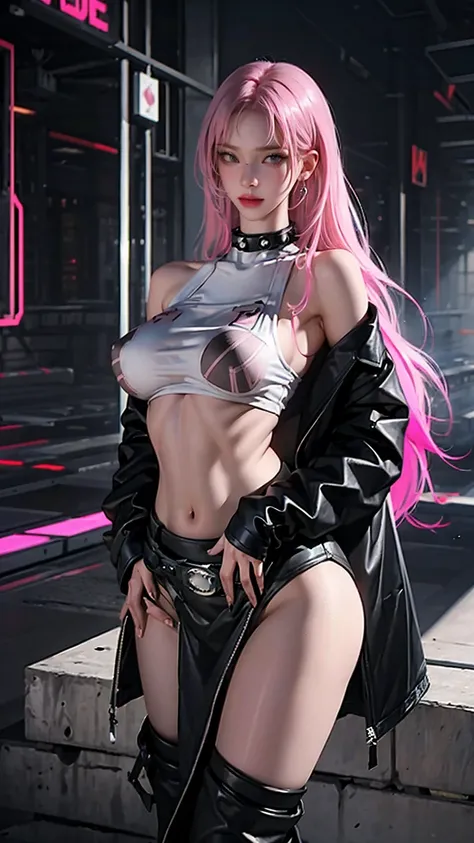 woman,  Pink Grey Hair , Green Eyes,  wearing a black crop top shirt,  Long Black Jacket ,  red check skirt , ( black knee-high boots ), black fingerless gloves , exposed shoulders, (whole body), Big breasts Freckles, ,  abs,  watch viewers, masterpiece,  ...