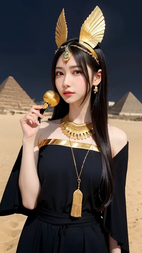 AAnubis reimagined as a beautiful anime-style girl. She has sleek black hair with golden streaks, resembling the Egyptian deitys traditional colors. Her outfit is an elegant blend of ancient Egyptian attire and modern design, featuring golden accessories, ...