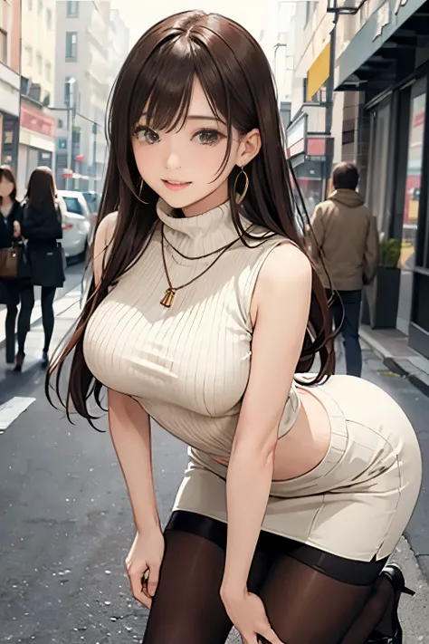 ( light beige turtleneck sleeveless knit)、 pencil skirt、 20 year old girl ,  medium chest ,,  plump nipples 、Bending forward greatly accentuates the chest 、  brown hair、 long wave hair,On the city streets,  Necklace 、 earrings for a woman alone、 knee-high ...