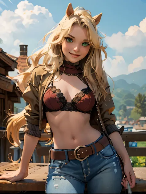 (horse:1.3), pants, cowboy shot, 1girl, blonde hair, long hair, green eyes, solo, ahoge,midriff, boots, smile, navel,belt, cleavage, BREAK, 