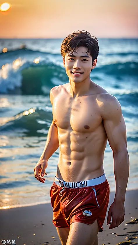 8k portrait realistic, In the charming picture there is a handsome Chinese man 20 years old with his beam lean the at the sea side., white peal skin, face look at the front, His charm radiated as he proudly showed off his sixpack in a full standing pose.. ...