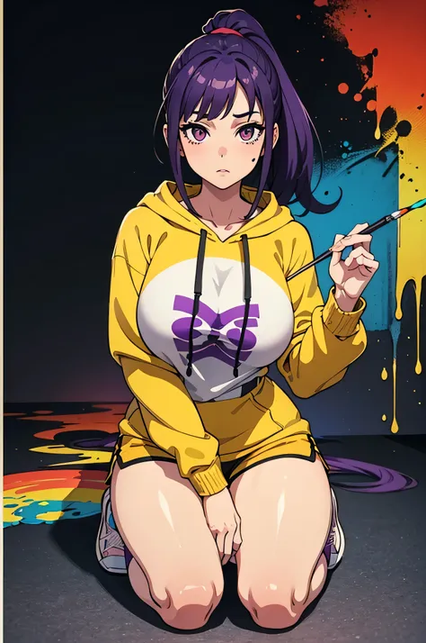 masterpiece, best quality, 1girl, purple hair, ponytail, yellow hoodie, short shorts, loose socks, sneakers, seiza, looking at viewer, large breasts, shiny skin, abstract background, vivid colors, paint splashes, rainbow theme