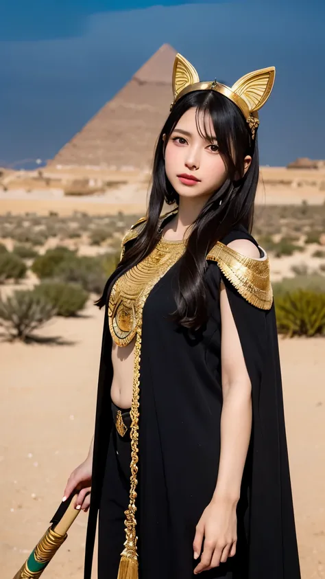 AAnubis reimagined as a beautiful anime-style girl. She has sleek black hair with golden streaks, resembling the Egyptian deitys traditional colors. Her outfit is an elegant blend of ancient Egyptian attire and modern design, featuring golden accessories, ...