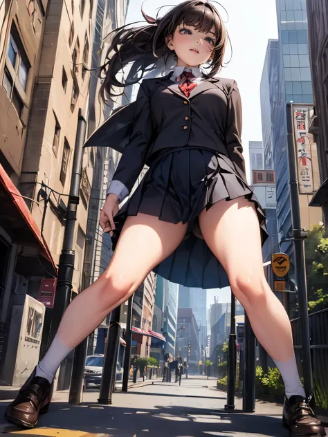 a woman, drooping eyes, eyes realistic sizing, pleated skirt, (round face), straddling pipe-bollard that is standing on the ground to hit her crotch, open legs, on the streets of downtown area, angle from below, braid,