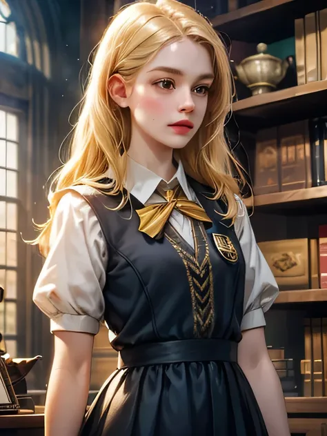 A women,  blonde hair ,  brown eyes , harry potter, Hufflepuff School Dress ,  measurements , HD picture