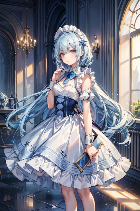 masterpiece, best quality, very detailed, pretty girl, teenager, smaller breasts, Thin Waist,long straight hair, light blue hair,(blunt cut), perfect eyes, so cute,Fairy,slender, Light Blue Maid Outfit, long skirt ,Building Reception Room