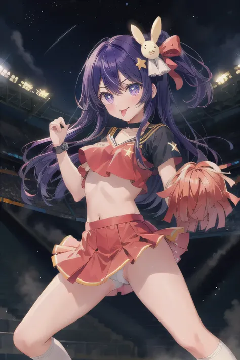 nsfw. Shes wearing a cheerleader costume with a cute design, and her miniskirt and bright bow are eye-catching. The background is a soccer stadium illuminated by the night sky, and the lighting creates a dramatic atmosphere. She is cheering in a pose with ...