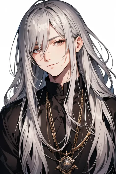 Master piece,Best Quality,a handsome man, man, solo,Long Hair,Straight Hair,beautiful silver hair,glance,chuckle,smile,High quality,transparent watercolor,amount of drawing,dark brown eyes,narrow face,fairy