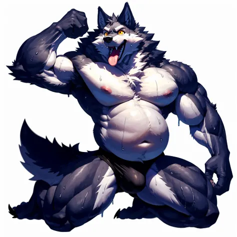 The silver male wolf 、Werewolf、Huge pectoral muscles、slightly obese lower abdomen、Fat that gets on underwear、huge bulging crotch underwear、Completely naked、Pose with one hand raised、Pure white background、Big golden eyes、 shes opening her mouth wide 、 compo...