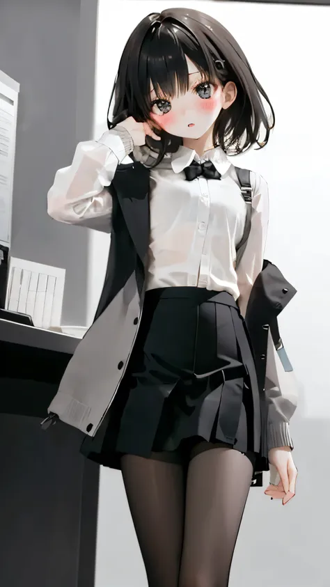 Girl with short dark hair ，Shy， blush， A young brunette girl office secretary wearing a transparent white shirt、Black office skirt and black pantyhose，Full body picture，black leather boots