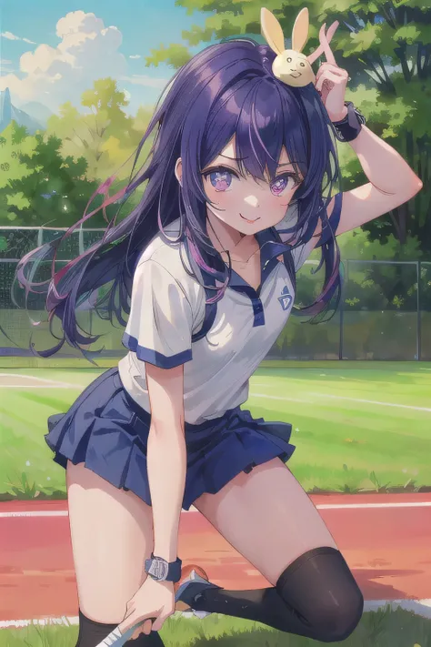 She is wearing a blue tennis outfit, with her white undergarments visible. She holds a single tennis racket with both hands in a poised and focused manner. The lush green grass tennis court stretches out in the background. This scene radiates elegance, pow...