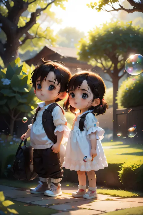 brother and sister- ren- playing in the park between the trees with soap bubbles. bubbles look mahical 