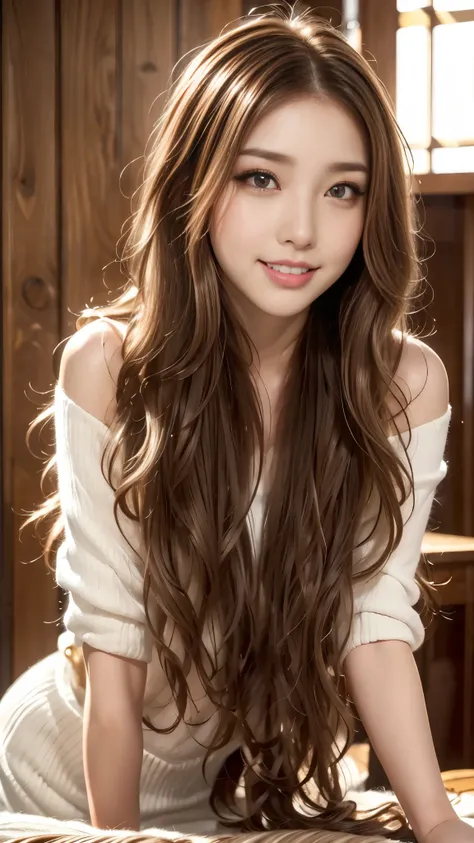 ((  best quality ,  table top in front of you,   super high resolution、 most complex and detailed description ))、(Spring-like outfit)、( face close-up:1.5),(  one beautiful woman  :1.8)、(Very Light Brown Wavy Hair:1.8), ( accurate anatomy:1.1)、 colored cont...