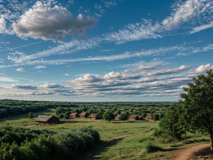 scenery, forest, village, well, sky, clouds