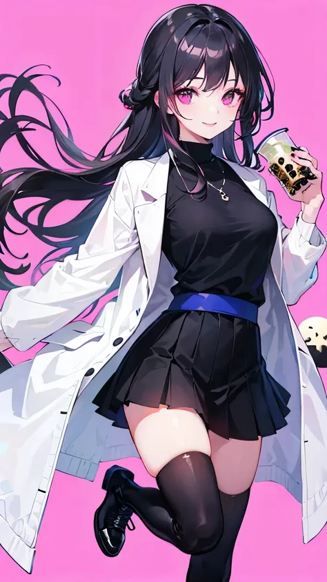 1 girl, black top,black skirt, white jacket,carrying medium boba tea, pink eye, pink lips, darkblue background, black boots, black hair, long hair, smile, ultra detailed