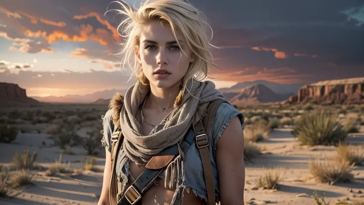  masterpiece ,  transition to a desert landscape at sunset , a solitary figure,  a beautiful 15-year-old American teenager emerges wearing beautiful post-apocalyptic nomadic clothing , white pele,  blonde hair , Blue-gray eyes, freckles on the face, slim b...