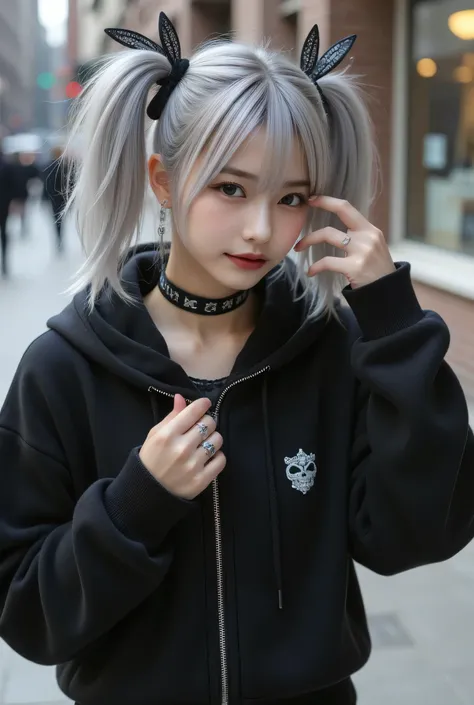 , Colossal,  twin tails,  Silver Hair,  hoodies ,  vintage gothic,  pose, cute,  raise your face,  High Quality ,  Necklaces , ring,  bracelet ,  earrings for a woman alone