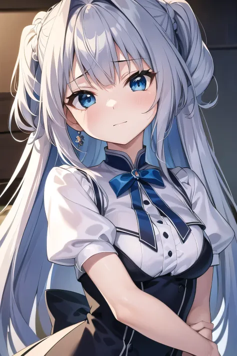 (  Masterpiece ),  最 High Quality  ,  girl, Alone,  perfect detail ,  super detailed illustrations ,  closeup shot,  head tilt, Cute appearance,  Very Long Hair ,  asymmetrical bang,  bangs to hide one eye , Light silver hair , Beautiful Hair,  happy , Del...