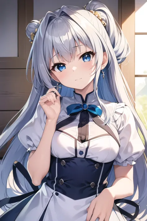 (  Masterpiece ),  最 High Quality  ,  girl, Alone,  perfect detail ,  super detailed illustrations ,  closeup shot,  head tilt, Cute appearance,  Very Long Hair ,  asymmetrical bang,  bangs to hide one eye , Light silver hair , Beautiful Hair,  happy , Del...
