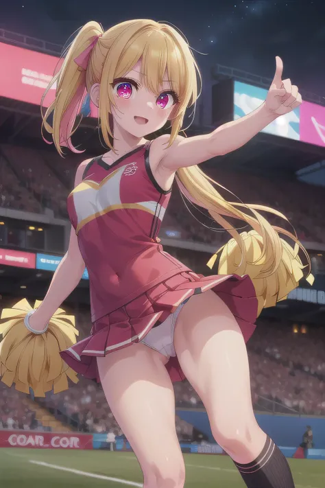 nsfw. Shes wearing a cheerleader costume with a cute design, and her miniskirt and bright bow are eye-catching. The background is a soccer stadium illuminated by the night sky, and the lighting creates a dramatic atmosphere. She is cheering in a pose with ...