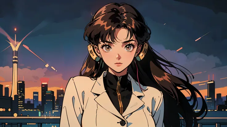 Best Quality, 8k, 1990s Style, 2010s Hairstyle , Very beautiful 21 year old girl ,  Black Hair ,Droopy eyes, Long Hair, Big Breasts, ((Wear big headphones)),  characters  I cant control my light brown eyes,  staring at me  , formal suit, ofifice lady, big ...