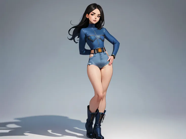 1girl, blue denim leotard, tight denim, high waist, slim waist, rough seams, long bare legs, boots, long sleeves, standing, solo focus, tight belt on waist, hands on hip, full body shot, cameltoe, small hips