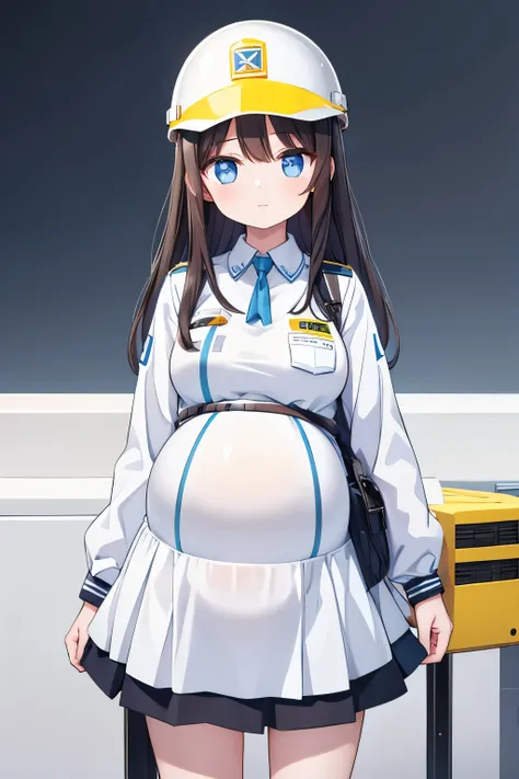 (high quality), 1girl, young girl, long dark hair, engineer, (pregnant), uniform, white safety helmet, skirt, standing, site background, (comfortable expressions, detailed eyes, facing at front)