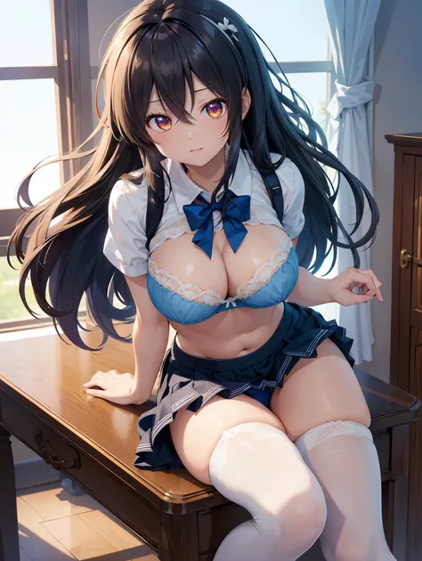 (( best quality)), ( high definition ), (( very detailed))、(masterpiece)、A high school girl with mature disheveled hair、Im wearing a cute bra and cute panties、(Im wearing knee-high stockings)、( at a )、Cute nipple shape、(Hair messed up by the strong wind)、N...