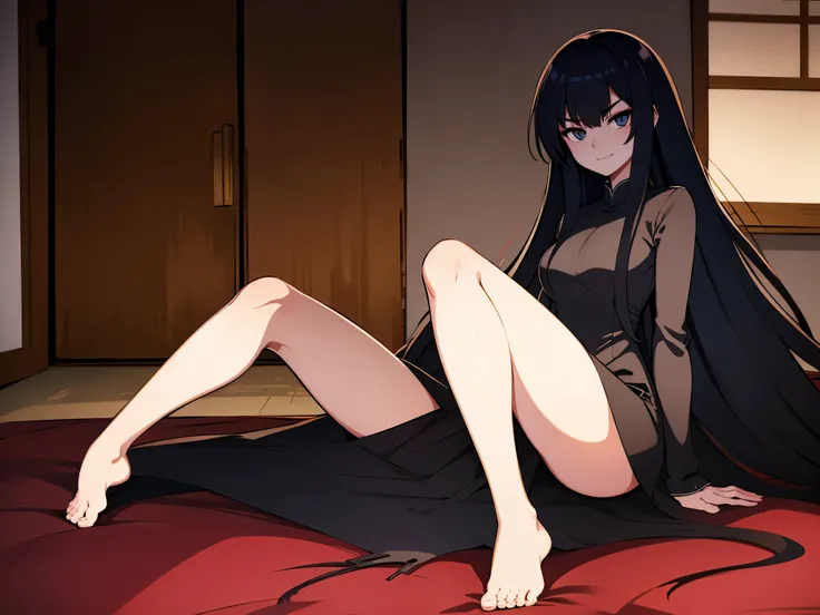 indoor, in chinnese room, from side, anime style, 1femail, ultra high res, Best quality, ultra detailed, evil smile, angry, wearing (black china dress), bare foot, sitting on bed, up leg, break ideal ratio body proportions, clear detailed face, high nose(1...