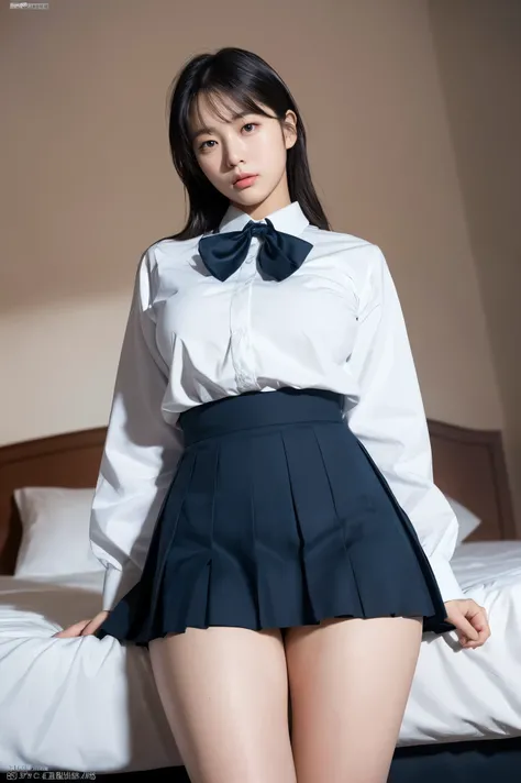 Masterpiece, High Resolution, Ultra High Resolution, 4K, chubby, black hair, Navy Blue pleated Skirt, White dress shirt, long sleeves, bow tie,Highlighted Thighs, White Thighs, Soft Thighs, Shiny Thighs, Bed Room, Face to Face Angle, Angle from Below, Came...