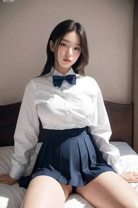 Masterpiece, High Resolution, Ultra High Resolution, 4K, chubby, black hair, Navy Blue pleated Skirt, White dress shirt, long sleeves, bow tie,Highlighted Thighs, White Thighs, Soft Thighs, Shiny Thighs, Bed Room, Face to Face Angle, Angle from Below, Came...