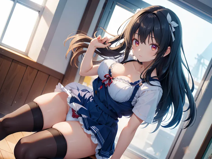 (( best quality)), ( high definition ), (( very detailed))、(masterpiece)、A high school girl with mature disheveled hair、Im wearing a cute bra and cute panties、(Im wearing knee-high stockings)、( at a )、Cute nipple shape、(Hair messed up by the strong wind)、N...