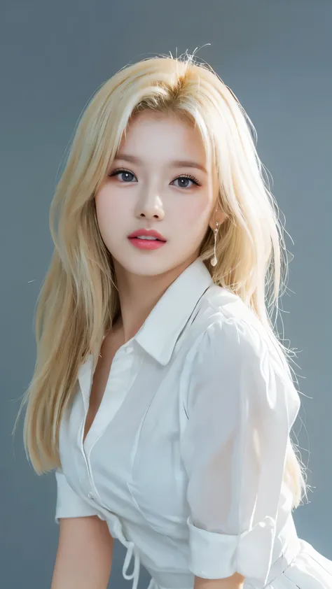 (((forehead、White Blonde Hair、Northern Europe、White people、beautiful girl、Blonde、White background、high school girl、Dress shirt、mini skirt)))、table top, highest quality, figure, super detailed, finely, High resolution, 8k wallpaper, Perfect dynamic composit...