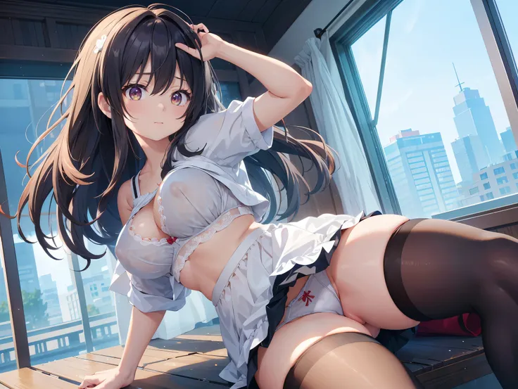 (( best quality)), ( high definition ), (( very detailed))、(masterpiece)、A high school girl with mature disheveled hair、Im wearing a cute bra and cute panties、(Im wearing knee-high stockings)、( at a )、Cute nipple shape、(Hair messed up by the strong wind)、N...