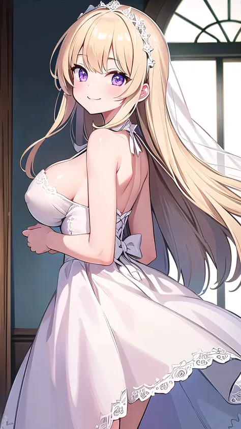   1 girl,   blonde alone , Blonde、wedding hair、 summary hair 、Purple Eyes ,  1 girl 結婚、wedding、Association、A white dove flies 、 Happy smile、smile、 big smile when looking back、 BEST lighting、 Very Big Breasts 、 pink lips、sunlight,  Best Shadow ,  Best light...