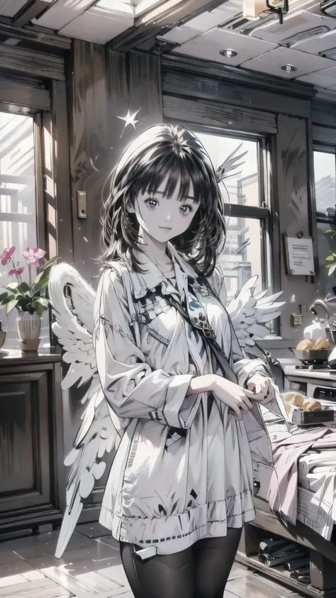 Beautiful girl、very cute angel、 pink gothic dress、cute、baby face、smile、 Long Skirt、 BLACK LONG BOOTS 、Angel Wings、 smiles、