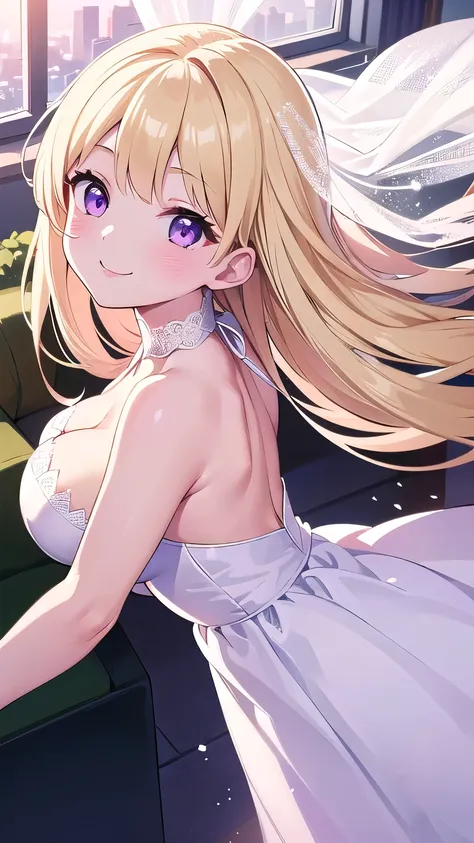   1 girl,   blonde alone , Blonde、wedding hair、 summary hair 、Purple Eyes ,  1 girl 結婚、wedding、Association、A white dove flies 、 Happy smile、smile、 big smile when looking back、 BEST lighting、 Very Big Breasts 、valley、 pink lips、sunlight,  Best Shadow ,  Bes...