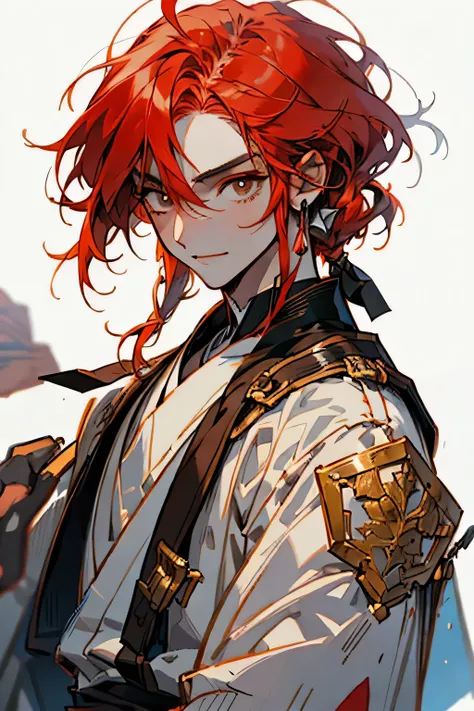 A man in his early 30s wearing a war bonnet, red hair, brown skin, bust up , greatest masterpiece,White background, images of people only , no background,Short Hair, black eyes,Shy handsome ,Standing, looking straight ahead with a gentle smile ,anime adult...