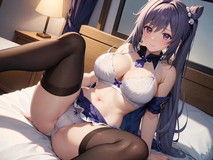 (( best quality)), ( high definition ), (( very detailed))、(masterpiece)、A high school girl with mature disheveled hair、Im wearing a cute bra and cute panties、(Im wearing knee-high stockings)、( at a )、Cute nipple shape、(Hair messed up by the strong wind)、N...