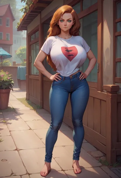 score_9, score_8_up, score_7_up, score_6_up, BREAK ann possible, source_anime,seductive smirk, T-shirt tucked in jeans, NSFW, huge breasts, hands holding own hips, wide hips, big ass,long  hair, realistic, full body view, 