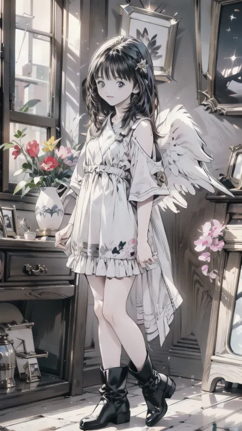 Beautiful girl、very cute angel、 pink gothic dress、cute、baby face、smile、 Long Skirt、 Black Long Boots 、Angel Wings、middle ages、 princess your toddler、