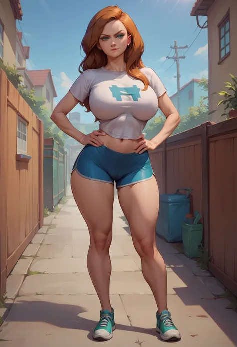 score_9, score_8_up, score_7_up, score_6_up, BREAK ann possible, source_anime,seductive smirk, T-shirt, NSFW, huge breasts, hands holding own hips, wide hips, big ass,long  hair, realistic, full body view, tight shorts