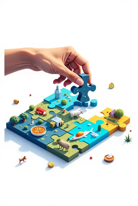 (11 piece of jigsaw puzzle with business theme about livestock, fisheries and plantations image inside it neatly arranged fit to each other, one of the puzzle got scrambled, isometric), white background, vector style, vibrant color of light blue - dark blu...
