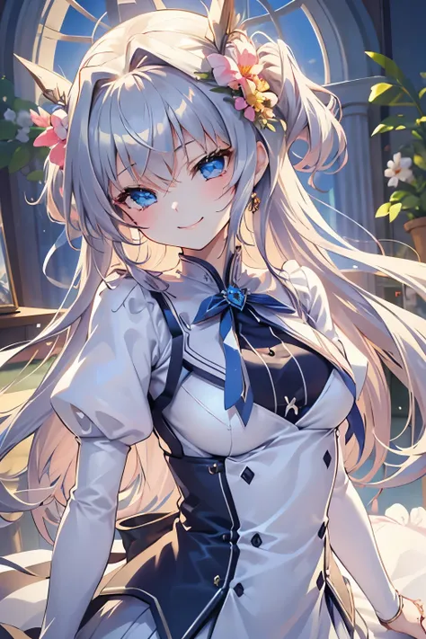 (    Masterpiece  ),  最  High Quality   ,   girl, Alone,  perfect detail ,   super detailed illustrations  ,   closeup shot,   head tilt, Cute appearance,   Very Long Hair  ,    Asymmetric Bang  ,    hide one eye with bangs  , Light silver hair  , Beautifu...