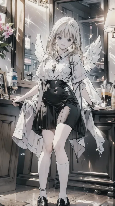 Beautiful girl、very cute angel、 pink gothic dress、cute、baby face、smile、 Long Skirt、 Black Long Boots 、Angel Wings、middle ages、 princess your toddler、