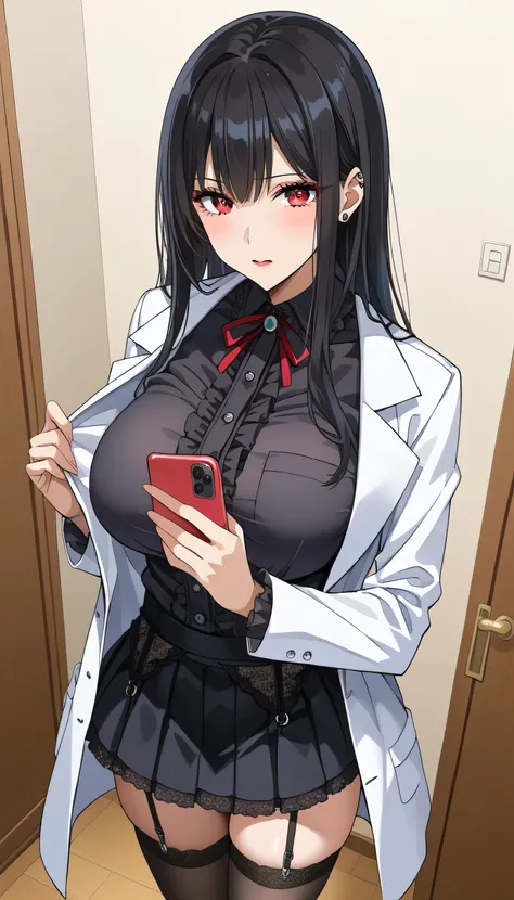 Red smartphone を持っている、 frustrated、Depressed、Bad mood、steins;Gate、Bad mood、 score_9,  score_8_up,  score_7_up,  source_anime,masterpiece、 office、Red smartphone 、office、 No Emotion、 no makeup、手にRed smartphone を持つ、 best quality, beautifully detailed eyes , Ex...