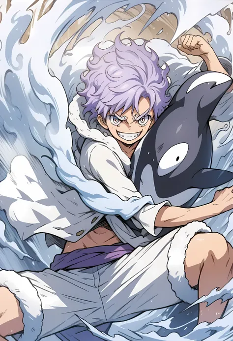 Anime illustration of a killer whale and a boy. Purple hair, deco, short hair, white jumper with fur, pointed sunglasses, dynamic pose, masterpiece, highest quality, highly detailed CG Unity 8K wallpaper,