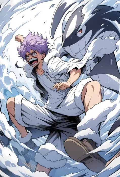 Anime illustration of a killer whale and a boy. Purple hair, deco, short hair, white jumper with fur, pointed sunglasses, dynamic pose, masterpiece, highest quality, highly detailed CG Unity 8K wallpaper,