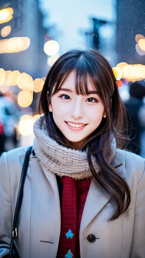(Wore a winter uniform and scarf coat、 Close-up portrait of a girl with long hair and dull bangs:1.5)、(one person*** wearing a winter uniform and scarf coat spreads her arms and has a shy smile :1.5)、Age 25、( Christmas decorations on a street corner on a s...